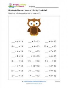 missing addends - sums of 13 - big-eyed owl