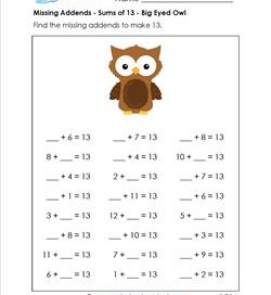 missing addends - sums of 13 - big-eyed owl