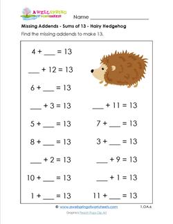 missing-addends - sums of 13 - hairy hedgehog
