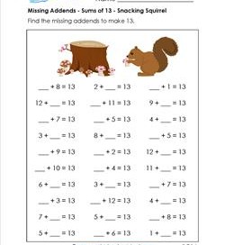 missing addends - sums of 13- snacking squirrel