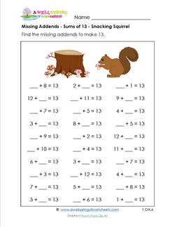 missing addends - sums of 13- snacking squirrel