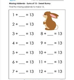missing addends - sums of 13 - sweet bunny