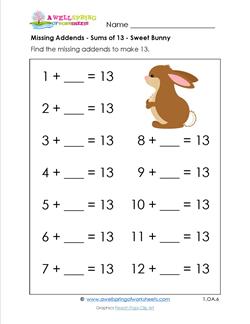 missing addends - sums of 13 - sweet bunny