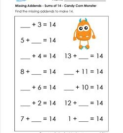 missing addends - sums of 14 - candy corn monster