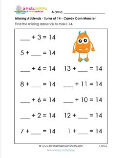 missing addends - sums of 14 - candy corn monster