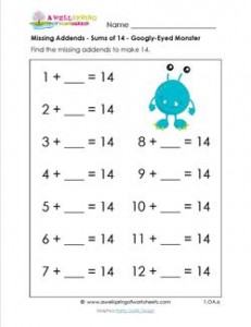 missing addends - sums of 14 - googly-eyed monster