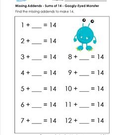 missing addends - sums of 14 - googly-eyed monster