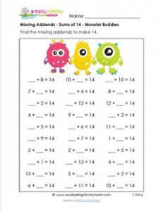 missing addends - sums of 14 - monster buddies