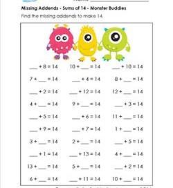 missing addends - sums of 14 - monster buddies