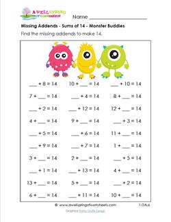 missing addends - sums of 14 - monster buddies