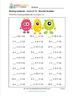 missing addends - sums of 14 - monster buddies