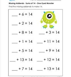 missing addends - sums of 14 - one-eyed monster