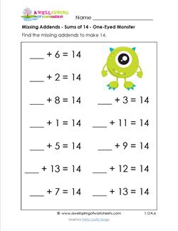 missing addends - sums of 14 - one-eyed monster