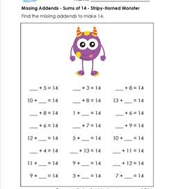missing addends - sums of 14 - stripey horned monster