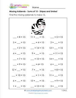 missing addends - sums of 15 - stripes and smiles