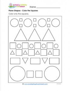 Plane Shapes - Color the Squares - Kindergarten Geometry