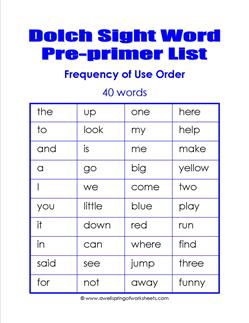 pre=primer dolch word list - frequency order