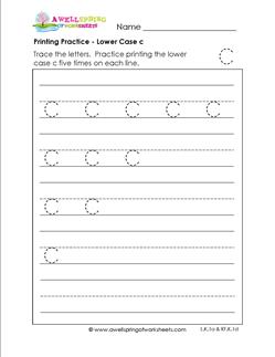 printing practice - lower case c - handwriting worksheets for kindergarten