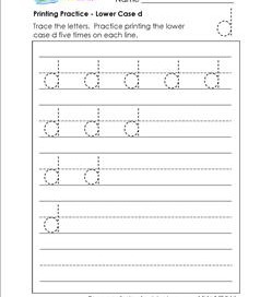 printing practice - lower case d - handwriting worksheets for kindergarten