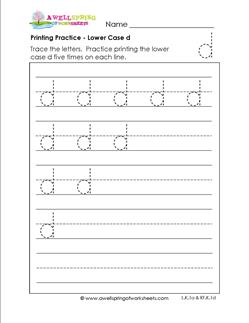 printing practice - lower case d - handwriting worksheets for kindergarten