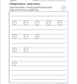 printing practice - lower case e - handwriting worksheets for kindergarten