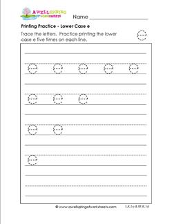 printing practice - lower case e - handwriting worksheets for kindergarten