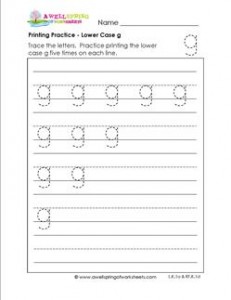 printing practice - lower case g - handwriting worksheets for kindergarten