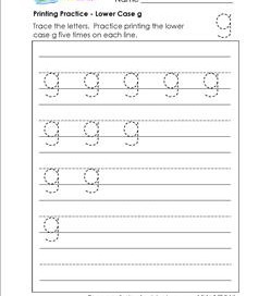 printing practice - lower case g - handwriting worksheets for kindergarten