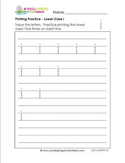 printing practice - lower case i - handwriting worksheets for kindergarten