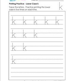 printing practice - lower case k - handwriting practice for kindergarten