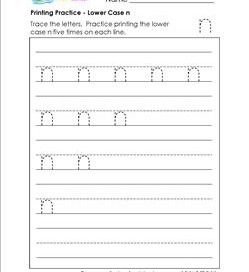 printing practice - lower case n - handwriting practice for kindergarten