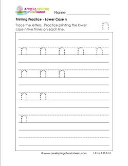 printing practice - lower case n - handwriting practice for kindergarten