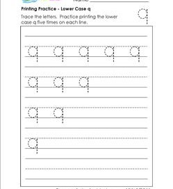 printing practice - lower case q - handwriting practice for kindergarten