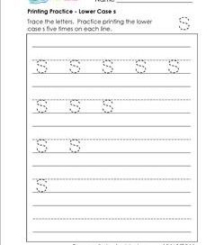 printing practice - lower case s - handwriting practice for kindergarten