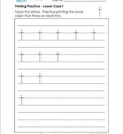 printing practice - lower case t - handwriting practice for kindergarten