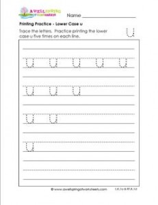 printing practice - lower case u - handwriting practice for kindergarten