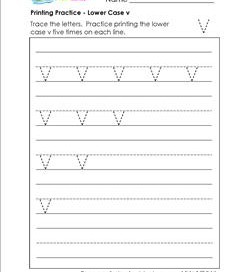 printing practice - lower case v - handwriting practice for kindergarten