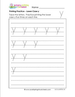 printing practice - lower case y - handwriting practice for kindergarten