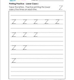 printing practice - lower case z - handwriting practice for kindergarten