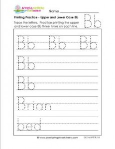 printing practice - upper and lower case Bb - handwriting practice for kindergarten