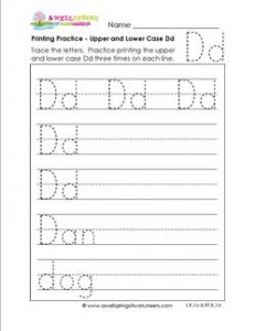 printing practice - upper and lower case Dd - handwriting practice for kindergarten