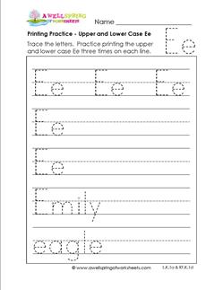printing practice - upper and lower case Ee - handwriting practice for kindergarten