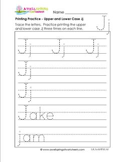 printing practice - upper and lower case Jj - handwriting practice for kindergarten