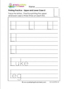 printing practice - upper and lower case Ll - handwriting practice for kindergarten