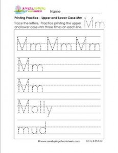 printing practice - upper and lower case Mm - handwriting practice for kindergarten