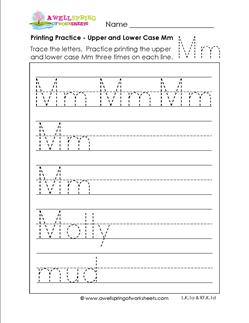 printing practice - upper and lower case Mm - handwriting practice for kindergarten