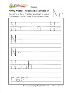 printing practice - upper and lower case Nn - handwriting practice for kindergarten