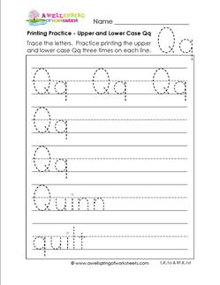 printing practice - upper and lower case Qq - handwriting practice for kindergarten