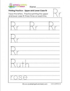 printing practice - upper and lower case Rr - handwriting practice for kindergarten