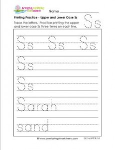 printing practice - upper and lower case Ss - handwriting practice for kindergarten
